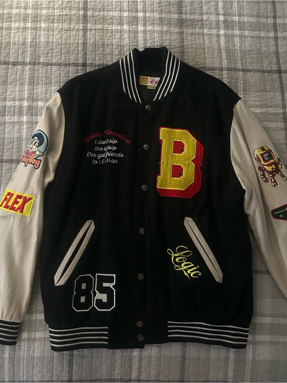 Logic Letterman Bomber Jacket in Black and White with Yellow 'B' Patch